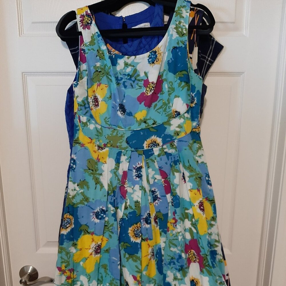 Floral Fit-and-Flare Midi Dress in Blue Multi